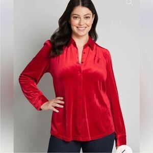 Modcloth Be Buzzworthy Velvet Pleated Top Button Down Cherry Red M